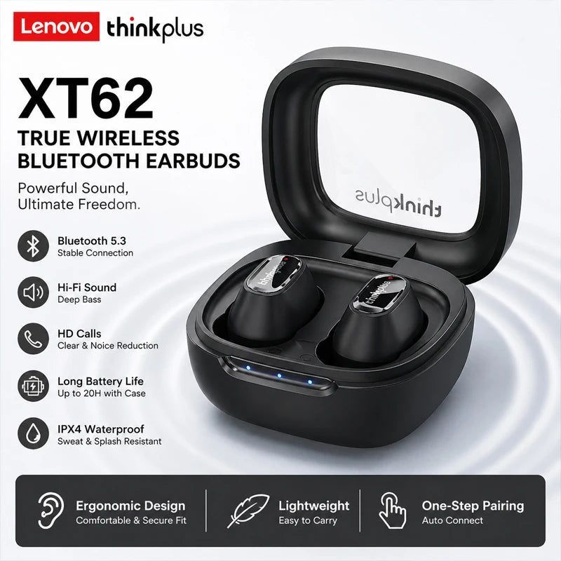 Lenovo XT62 Bluetooth 5.3 Earphones Wireless HiFi Sport Noise Reduction Headset with Mic Touch Control TWS Original Earbuds New