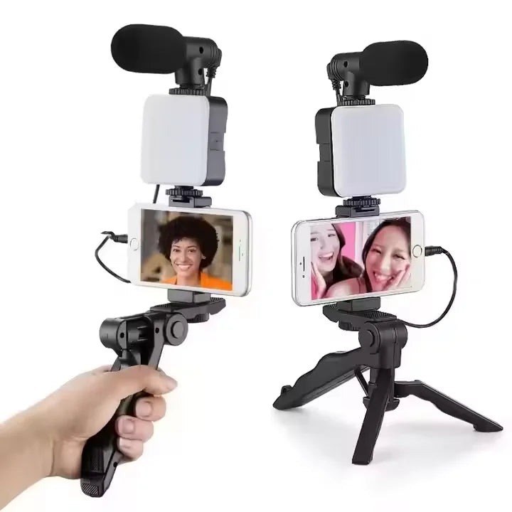New Plastic Shotgun Microphone AY-49 Tripod Vlogging Kit Smartphone LED Light BT Connection Portable for Live Streaming Video