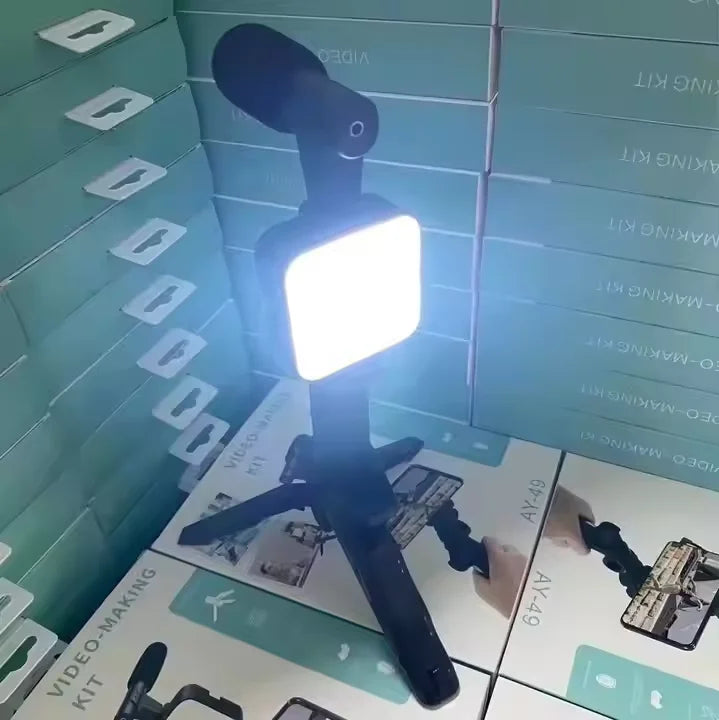 New Plastic Shotgun Microphone AY-49 Tripod Vlogging Kit Smartphone LED Light BT Connection Portable for Live Streaming Video