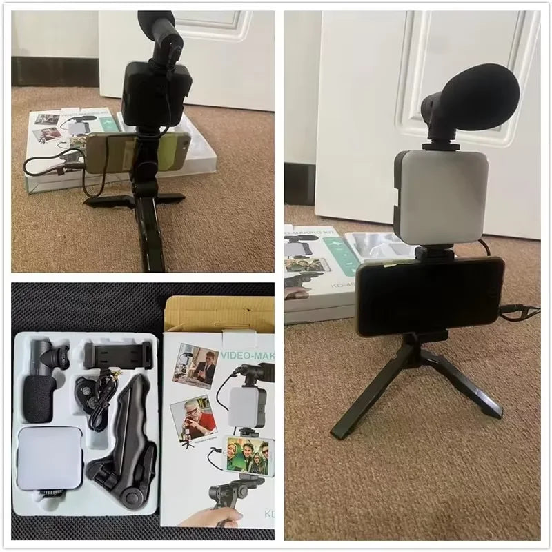 New Plastic Shotgun Microphone AY-49 Tripod Vlogging Kit Smartphone LED Light BT Connection Portable for Live Streaming Video