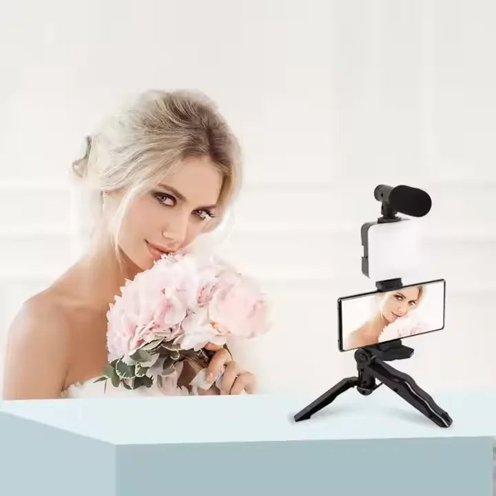 New Plastic Shotgun Microphone AY-49 Tripod Vlogging Kit Smartphone LED Light BT Connection Portable for Live Streaming Video