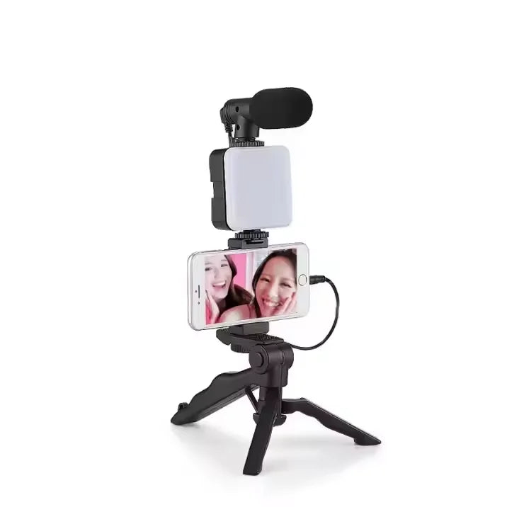 New Plastic Shotgun Microphone AY-49 Tripod Vlogging Kit Smartphone LED Light BT Connection Portable for Live Streaming Video