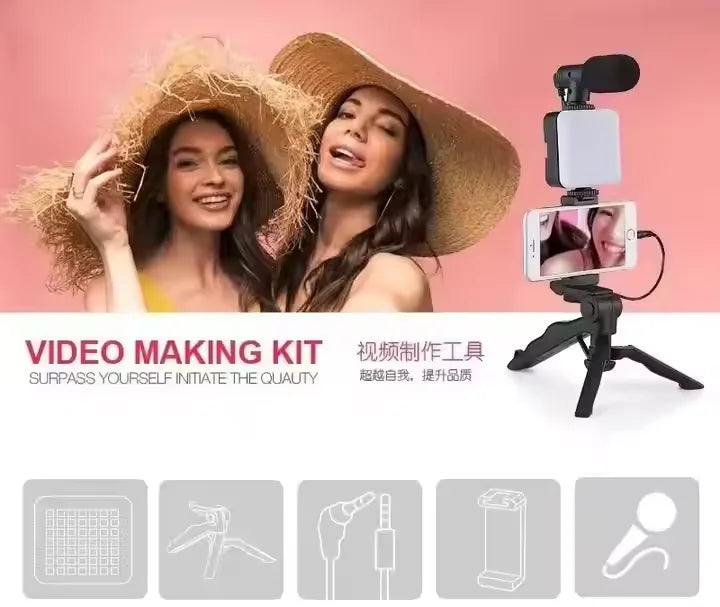 New Plastic Shotgun Microphone AY-49 Tripod Vlogging Kit Smartphone LED Light BT Connection Portable for Live Streaming Video