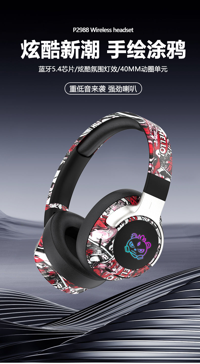 2026 Popular Bluetooth Headphones Over-Ear Headphones with Painted Graffiti Led Lighting 3D Seamless Earcups Private Model