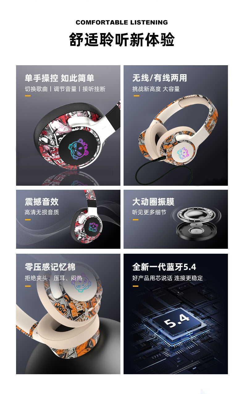 2026 Popular Bluetooth Headphones Over-Ear Headphones with Painted Graffiti Led Lighting 3D Seamless Earcups Private Model