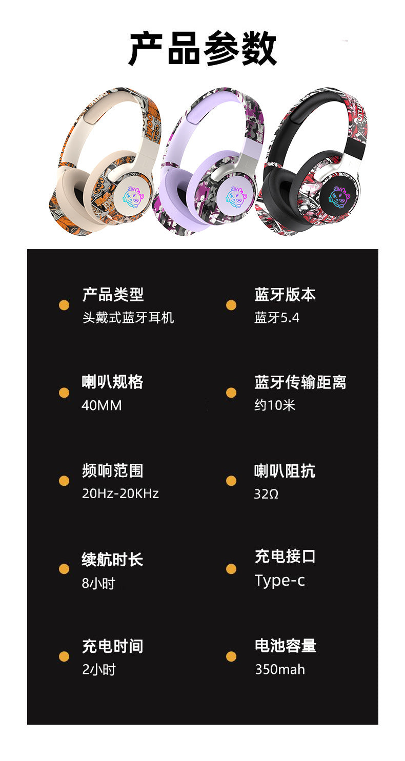 2026 Popular Bluetooth Headphones Over-Ear Headphones with Painted Graffiti Led Lighting 3D Seamless Earcups Private Model