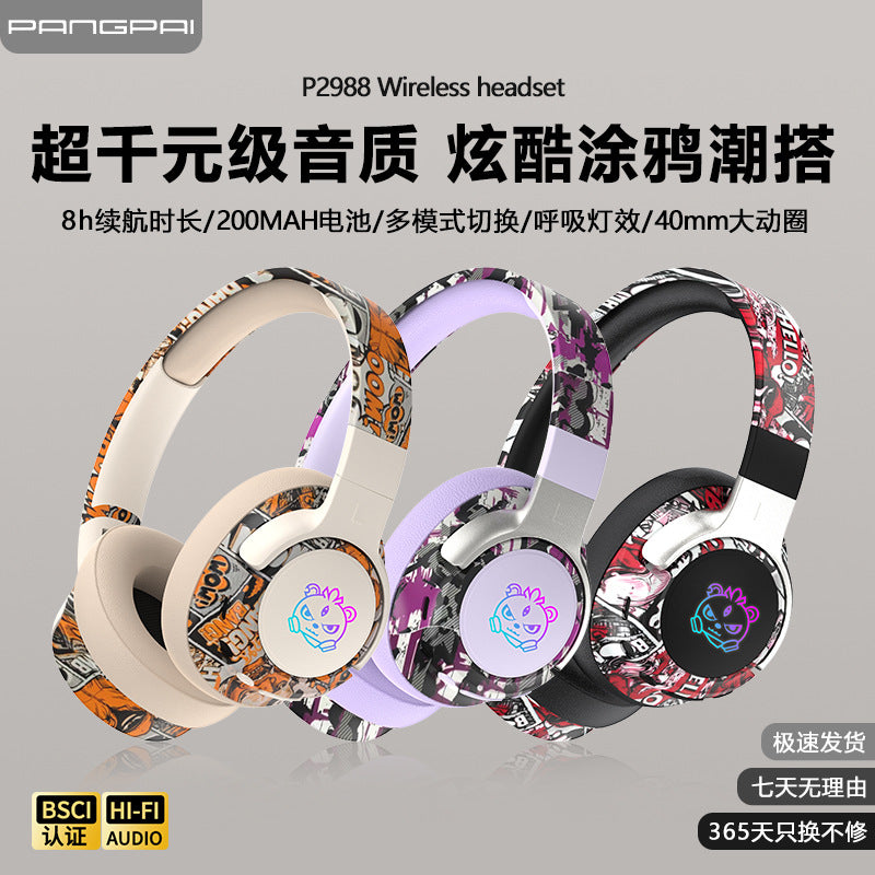 2026 Popular Bluetooth Headphones Over-Ear Headphones with Painted Graffiti Led Lighting 3D Seamless Earcups Private Model