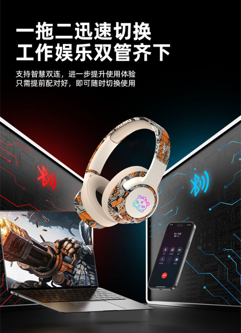 2026 Popular Bluetooth Headphones Over-Ear Headphones with Painted Graffiti Led Lighting 3D Seamless Earcups Private Model