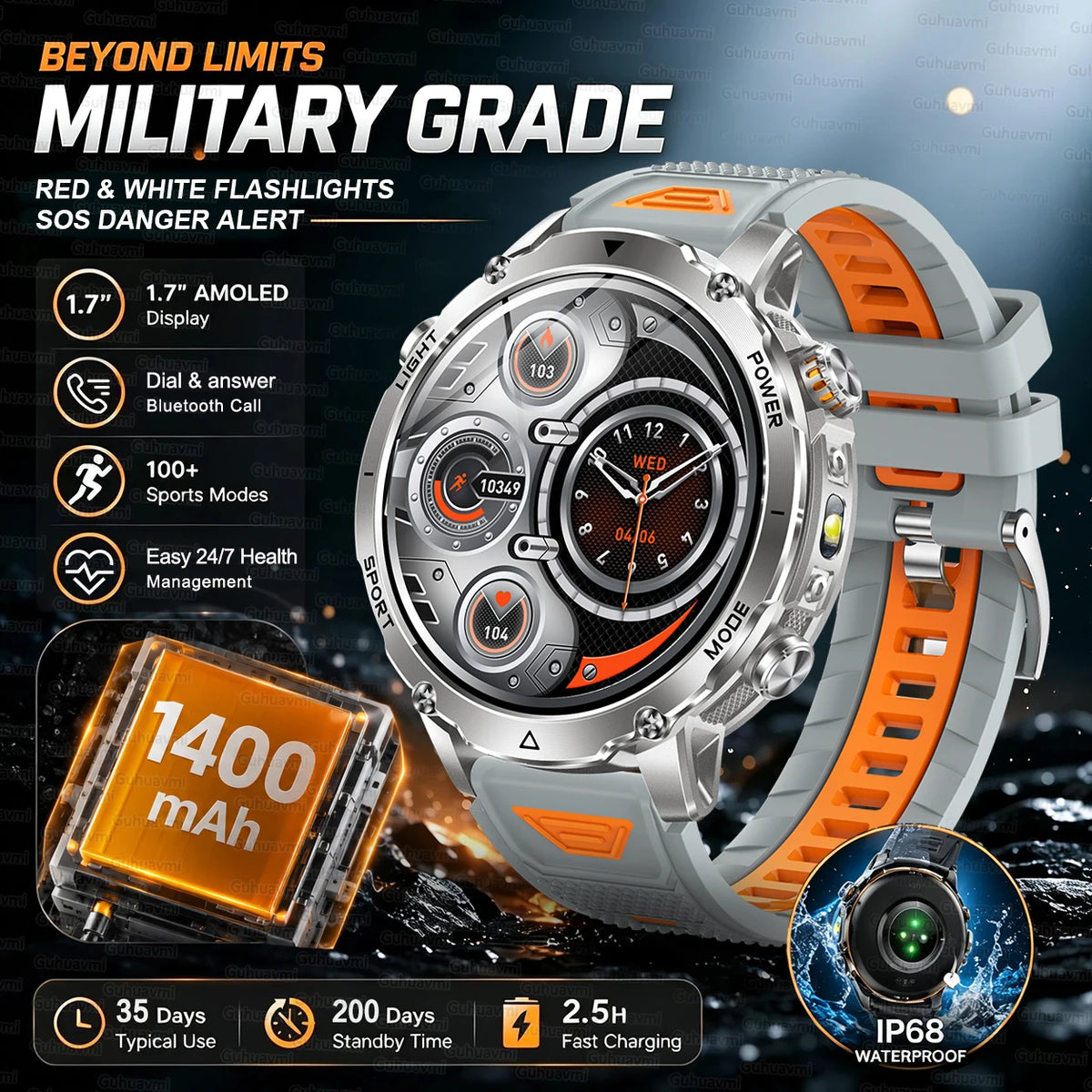 Rugged Outdoor Smartwatch – 1400mAh Battery & Flashlight