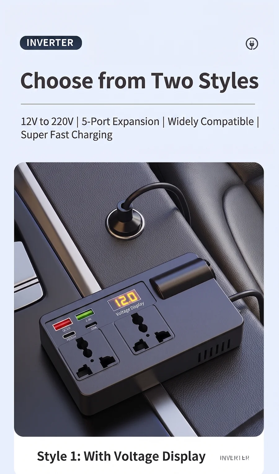 Smart 200W Car Inverter 12V DC to 220V AC Power Converter with 2 Universal Outlets PD30W QC3.0 and LED Digital Display