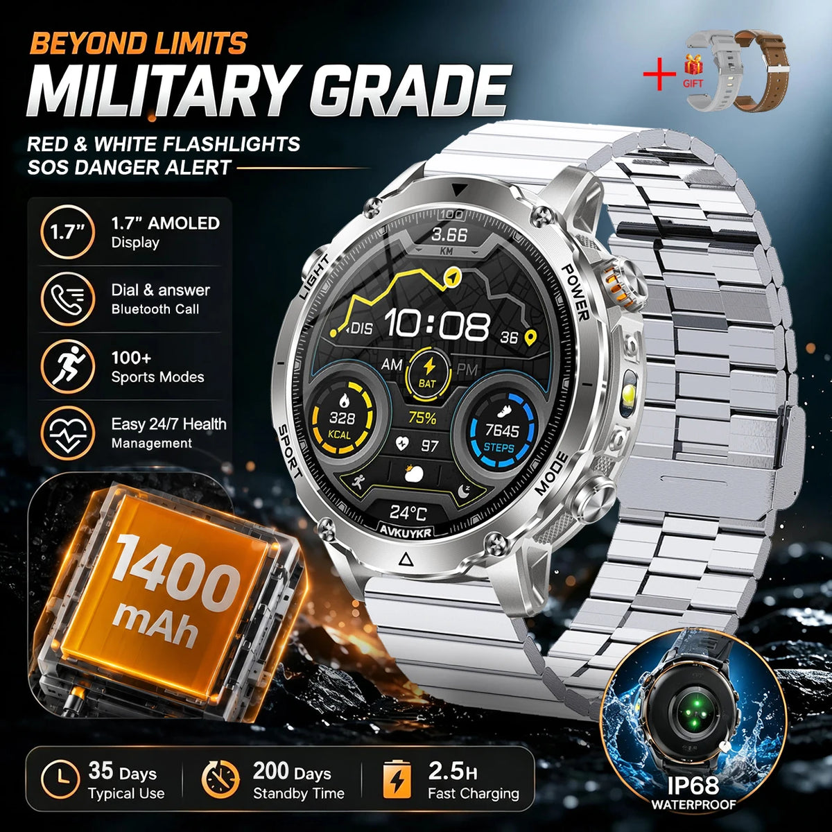 Rugged Outdoor Smartwatch – 1400mAh Battery & Flashlight