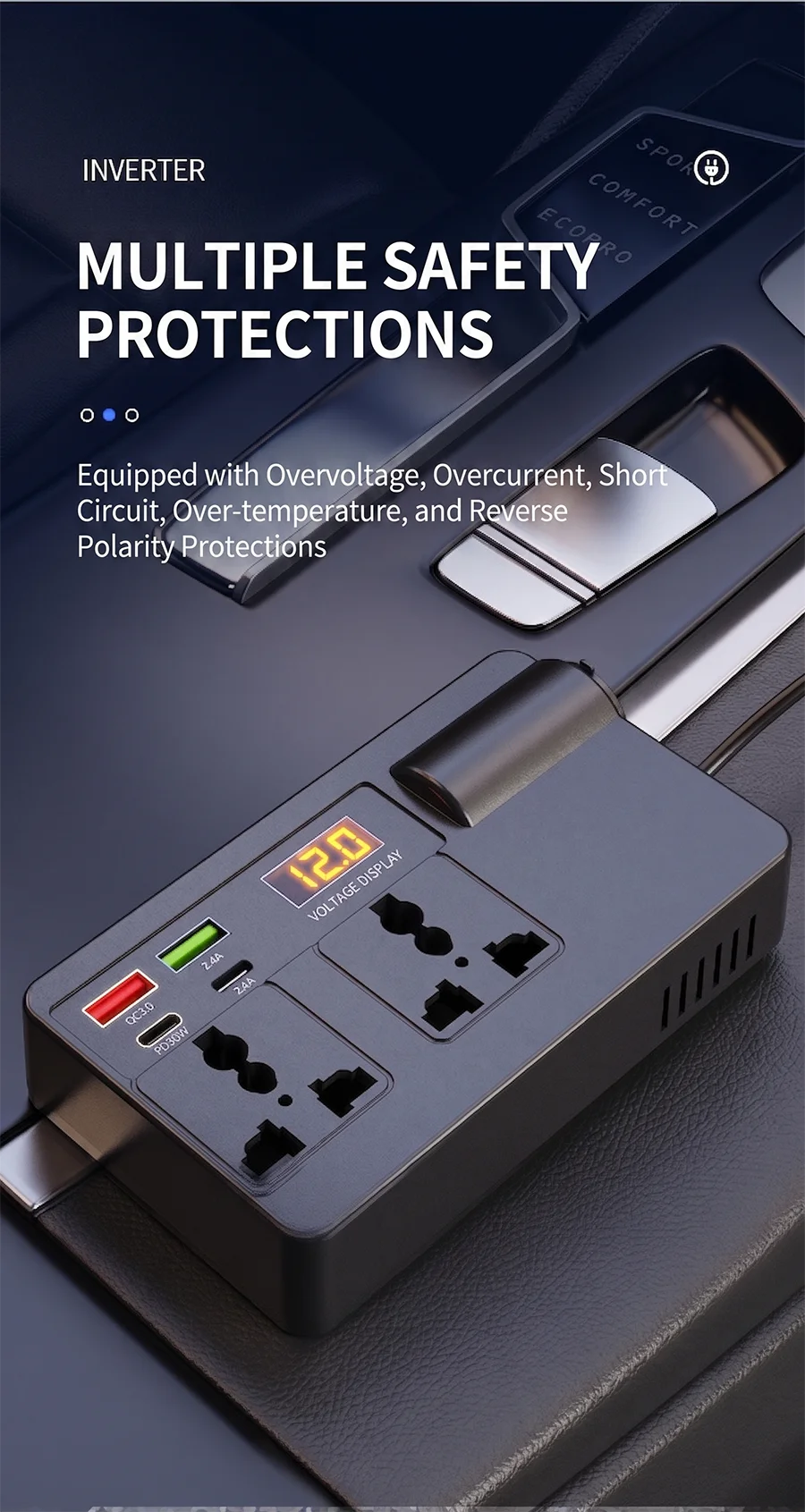 Smart 200W Car Inverter 12V DC to 220V AC Power Converter with 2 Universal Outlets PD30W QC3.0 and LED Digital Display