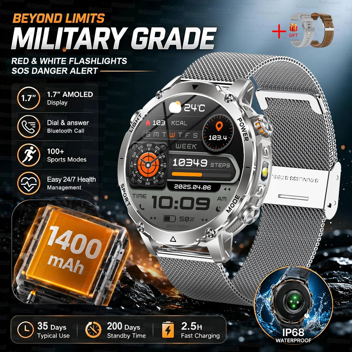 Rugged Outdoor Smartwatch – 1400mAh Battery & Flashlight