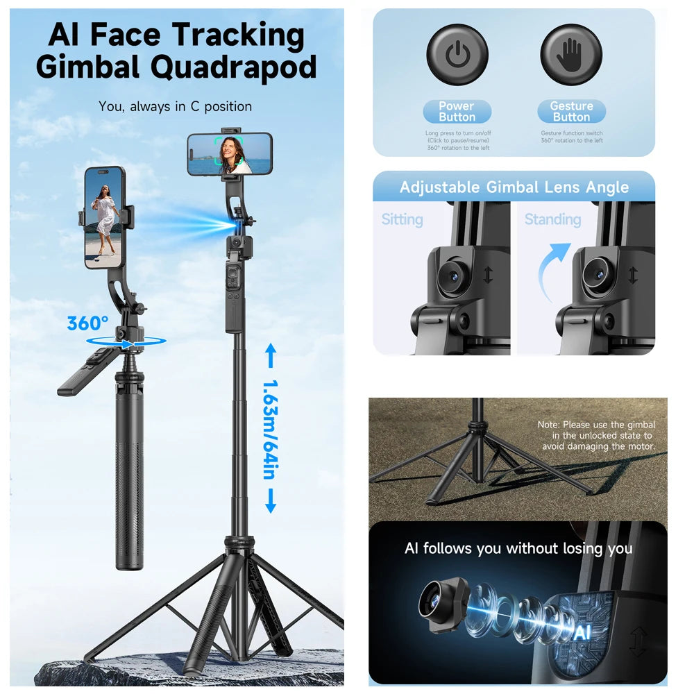 AI Face-Tracking Gimbal Selfie Stick Tripod
