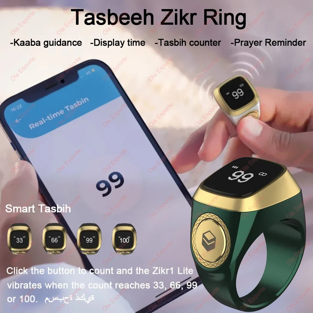 Qibla Smart Zikr Ring – Digital Tasbih with Prayer Reminders