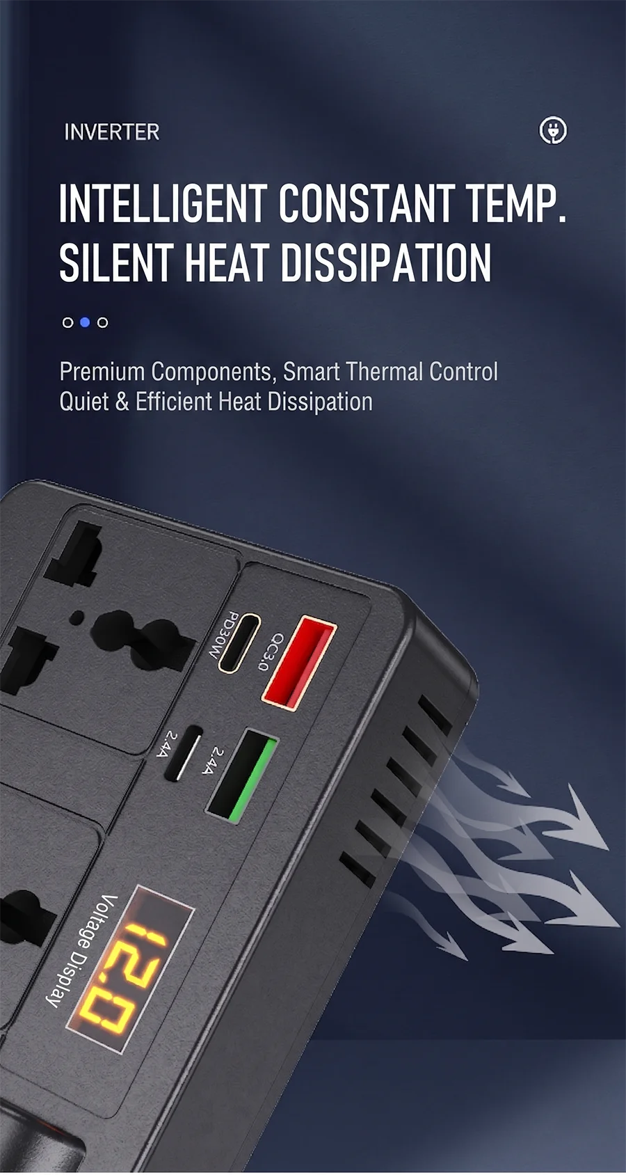 Smart 200W Car Inverter 12V DC to 220V AC Power Converter with 2 Universal Outlets PD30W QC3.0 and LED Digital Display