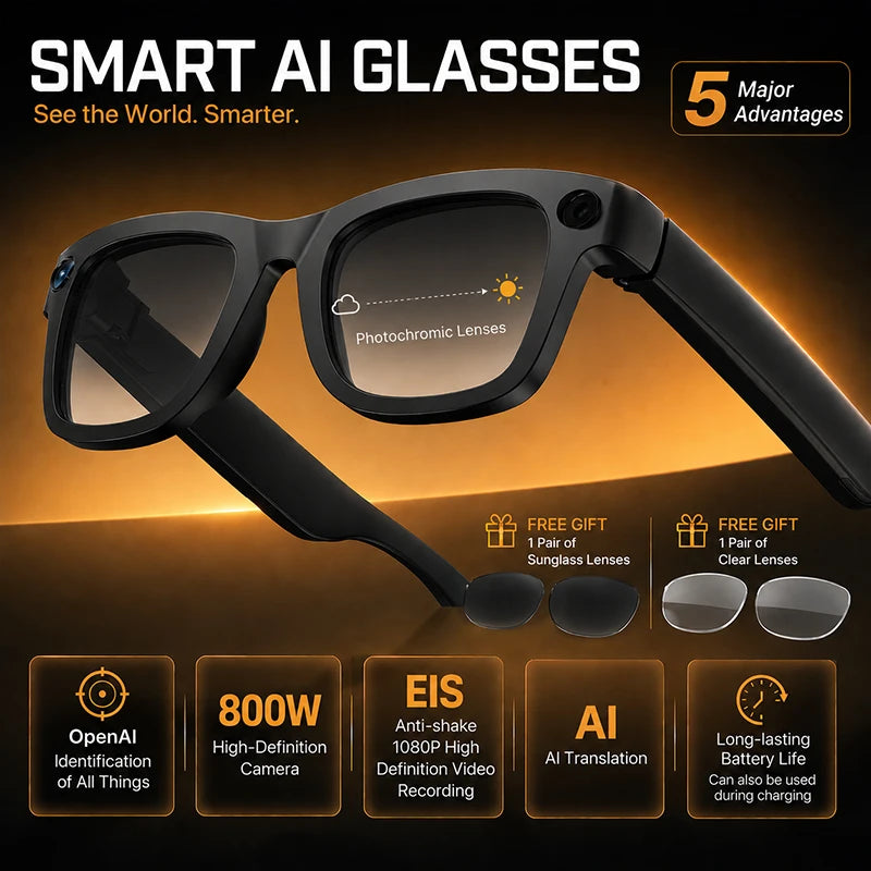 Smart Glasses 800W HD Camera AI Recognition Translation EIS Anti Shake Video Recording Bluetooth Audio Smart Eyewear Men Women