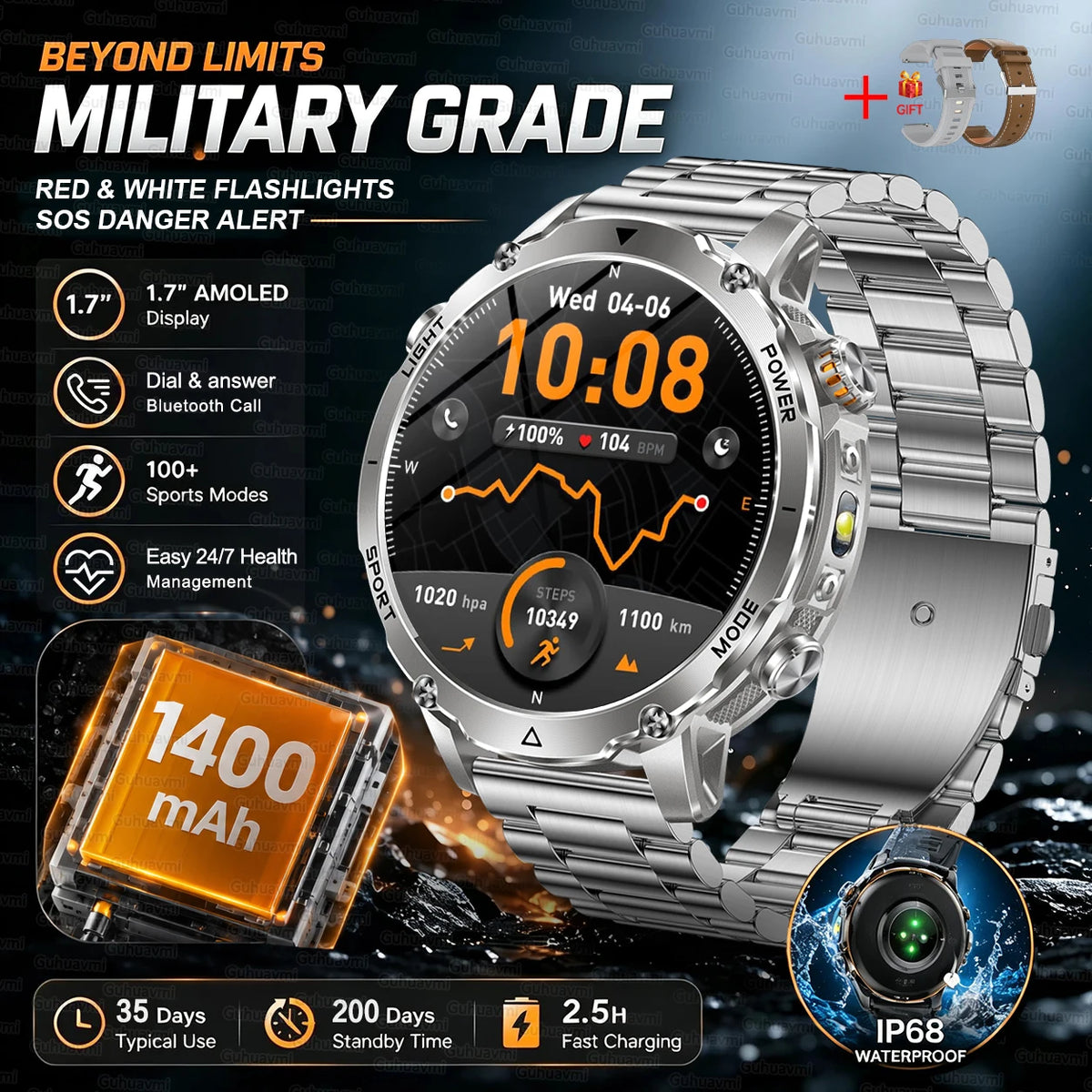 Rugged Outdoor Smartwatch – 1400mAh Battery & Flashlight