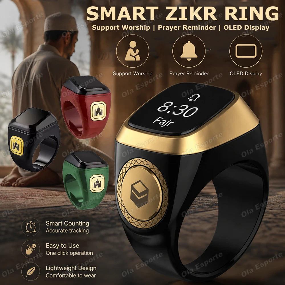 Qibla Smart Tasbih Ring – Waterproof, Prayer Time Vibration