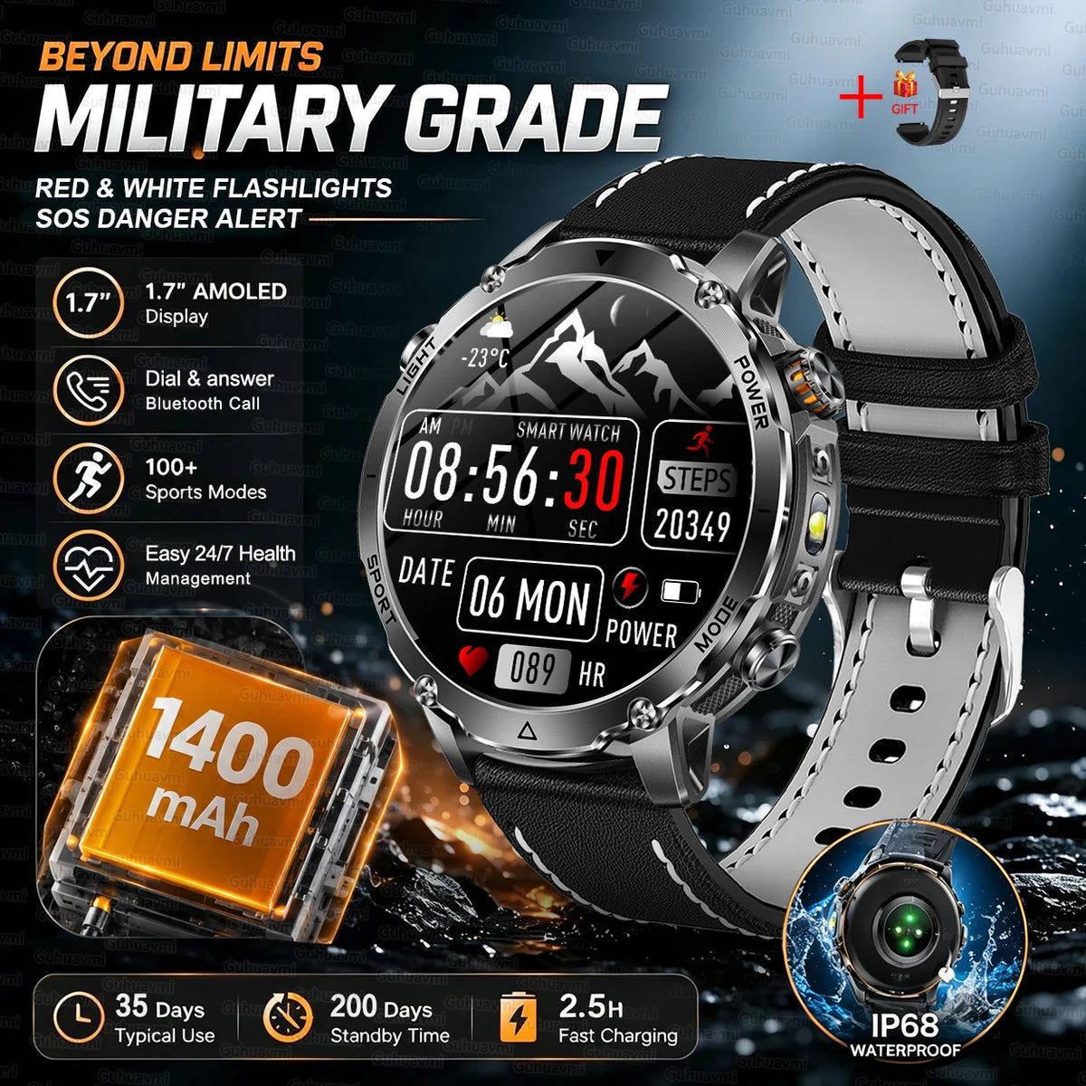 Rugged Outdoor Smartwatch – 1400mAh Battery & Flashlight