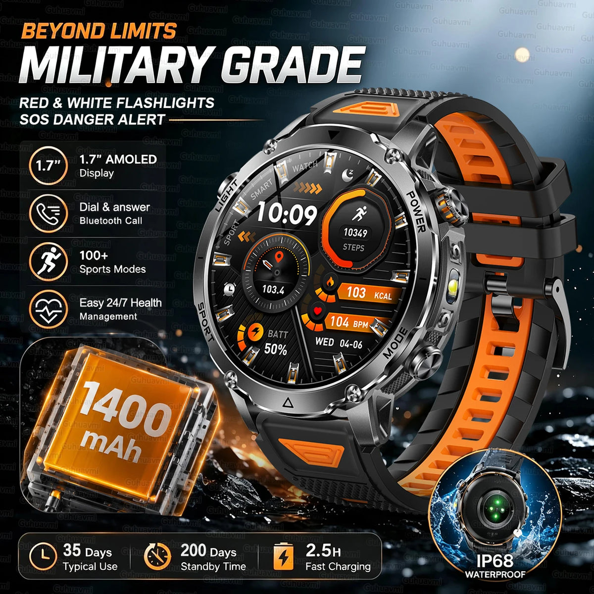 Rugged Outdoor Smartwatch – 1400mAh Battery & Flashlight