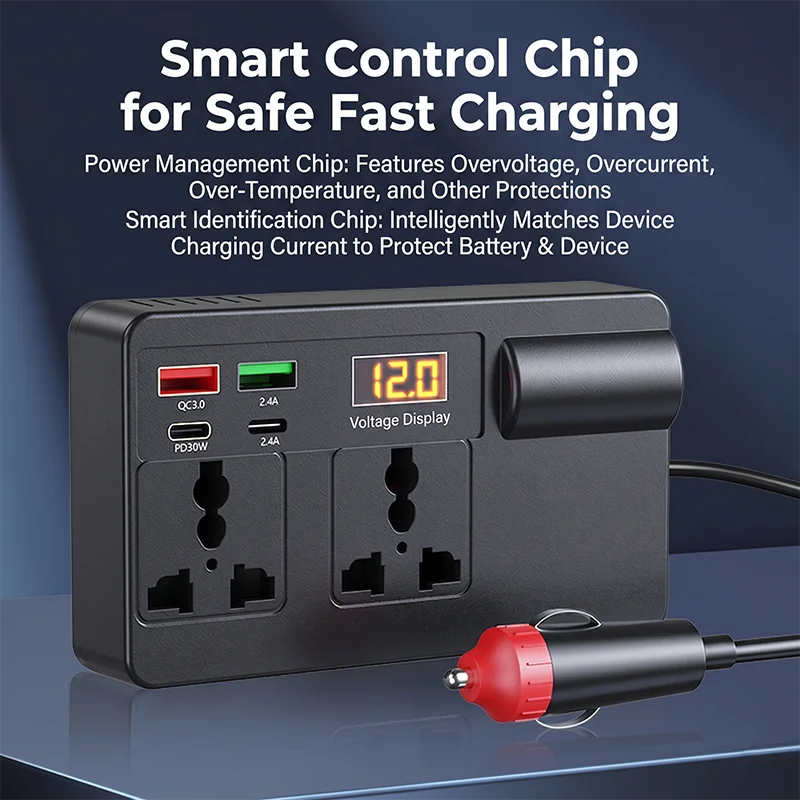 Smart 200W Car Inverter 12V DC to 220V AC Power Converter with 2 Universal Outlets PD30W QC3.0 and LED Digital Display