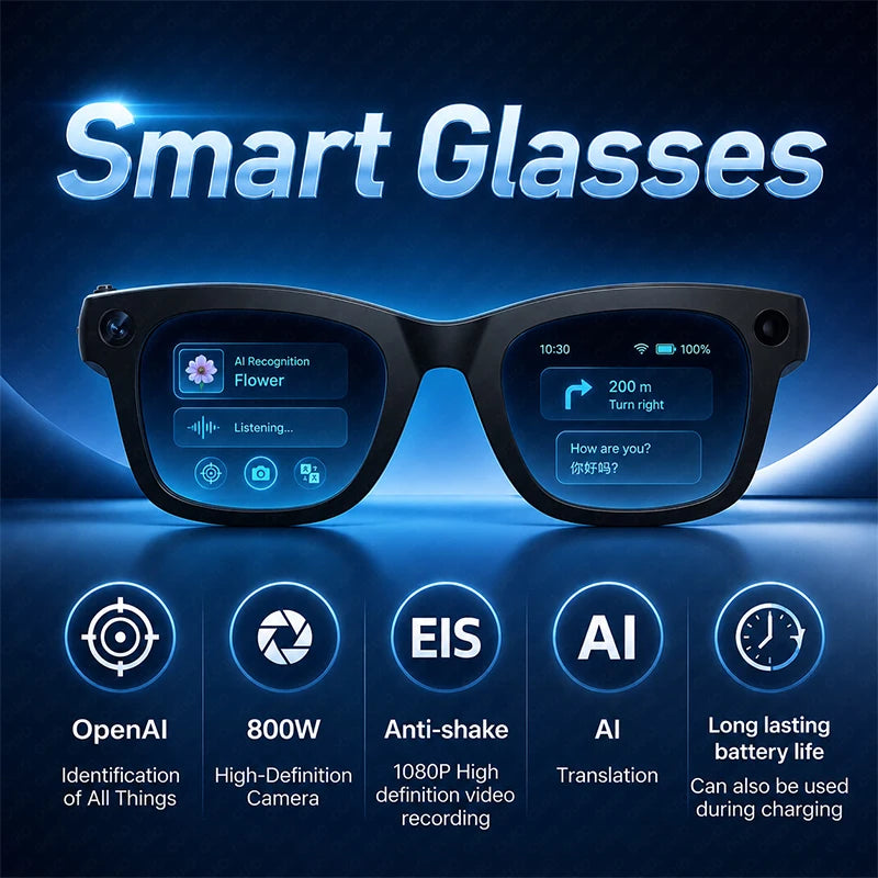 Smart Glasses 800W HD Camera AI Recognition Translation EIS Anti Shake Video Recording Bluetooth Audio Smart Eyewear Men Women