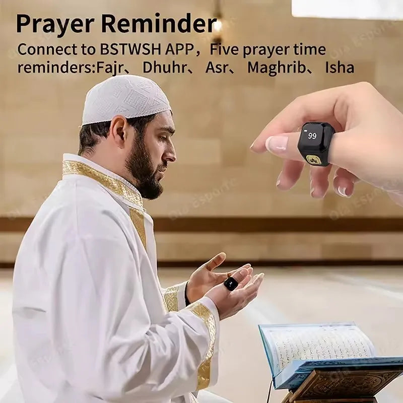 Qibla Smart Tasbih Ring – Waterproof, Prayer Time Vibration
