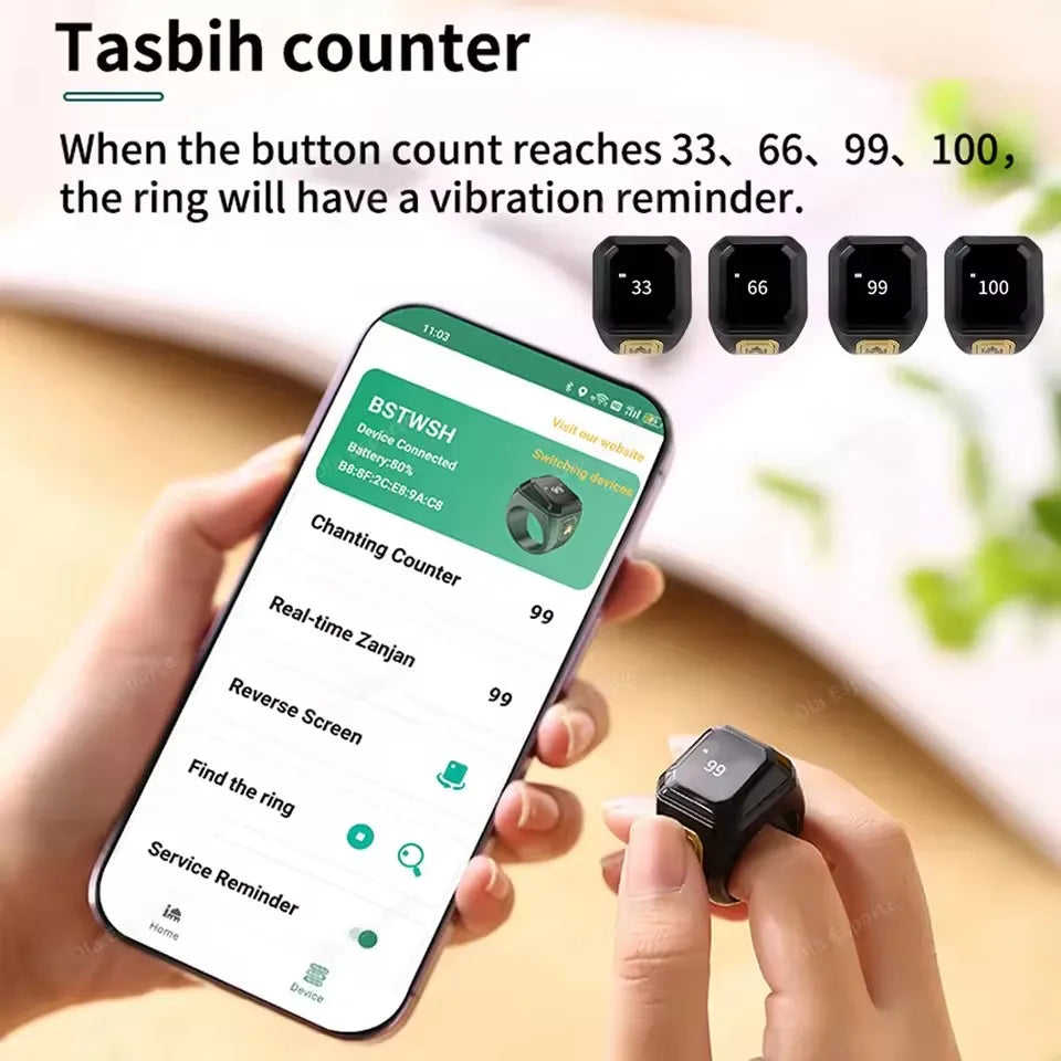 Qibla Smart Tasbih Ring – Waterproof, Prayer Time Vibration