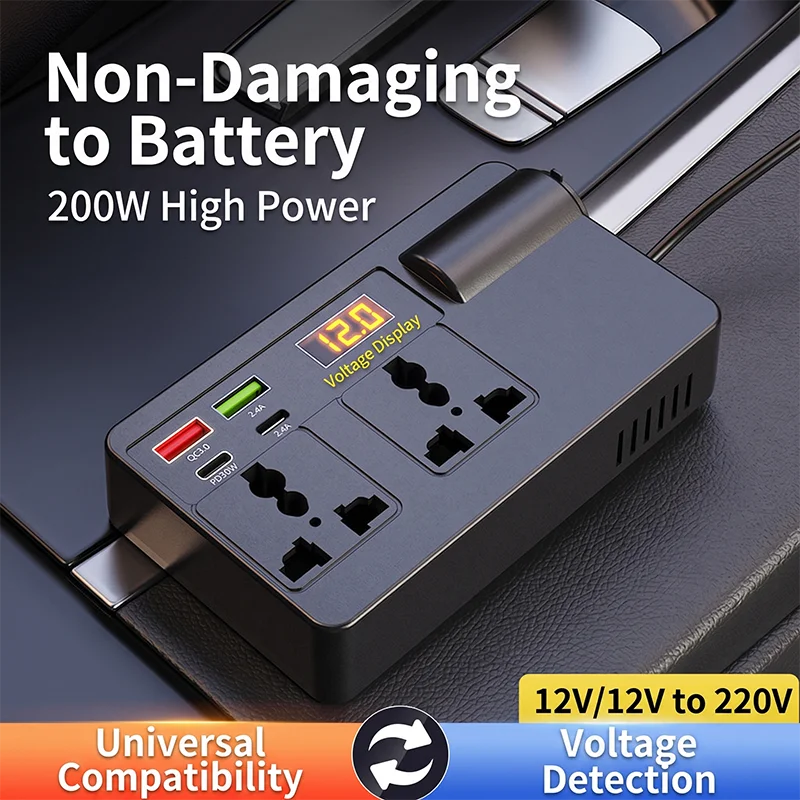 Smart 200W Car Inverter 12V DC to 220V AC Power Converter with 2 Universal Outlets PD30W QC3.0 and LED Digital Display