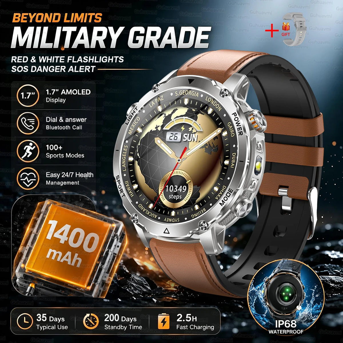 Rugged Outdoor Smartwatch – 1400mAh Battery & Flashlight