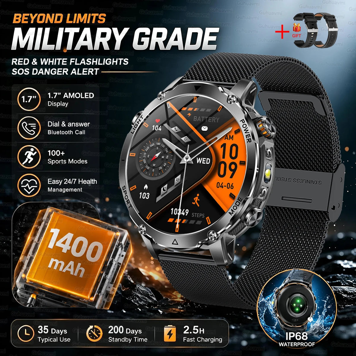 Rugged Outdoor Smartwatch – 1400mAh Battery & Flashlight