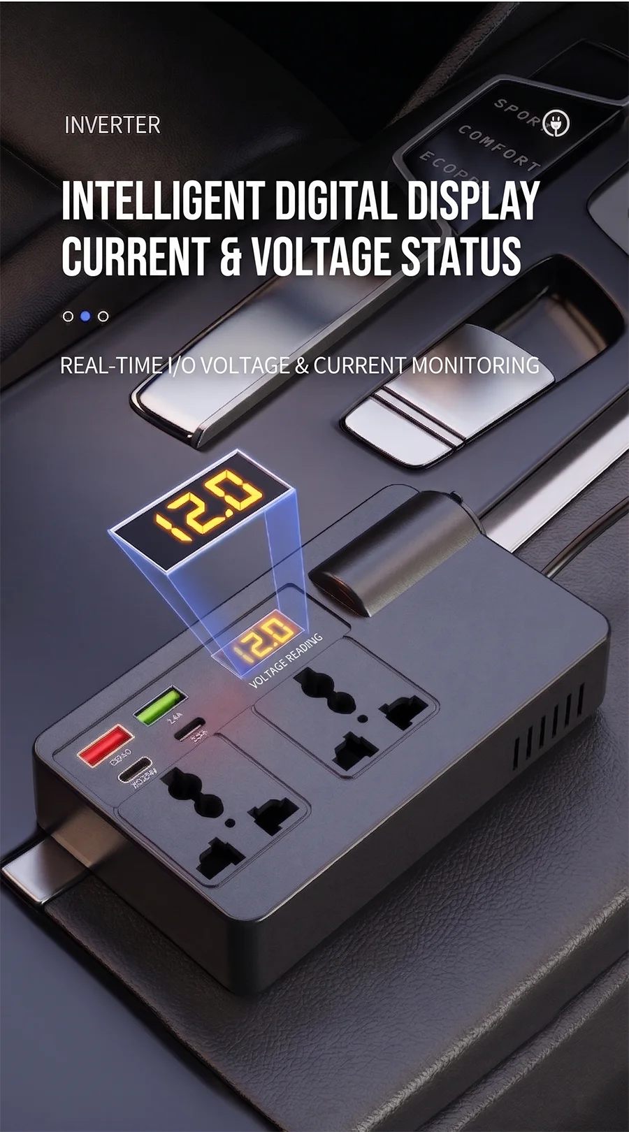 Smart 200W Car Inverter 12V DC to 220V AC Power Converter with 2 Universal Outlets PD30W QC3.0 and LED Digital Display