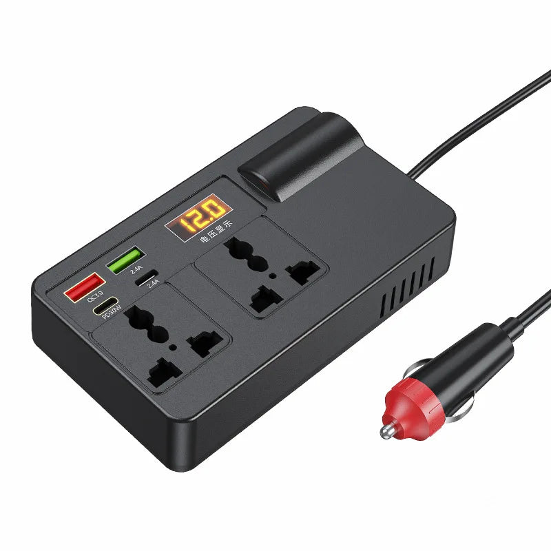 Smart 200W Car Inverter 12V DC to 220V AC Power Converter with 2 Universal Outlets PD30W QC3.0 and LED Digital Display