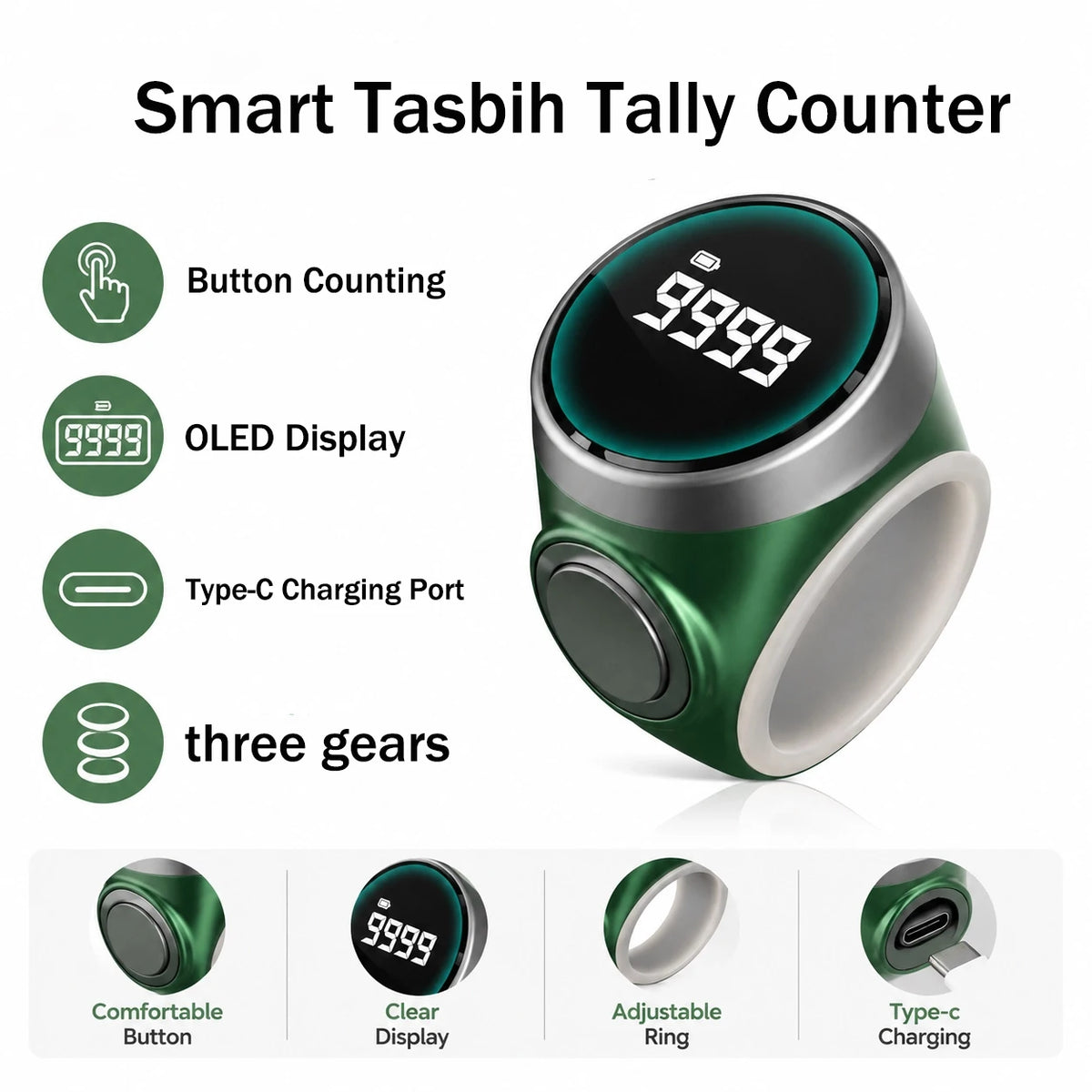 OLED Smart Zikr Ring with Bluetooth App