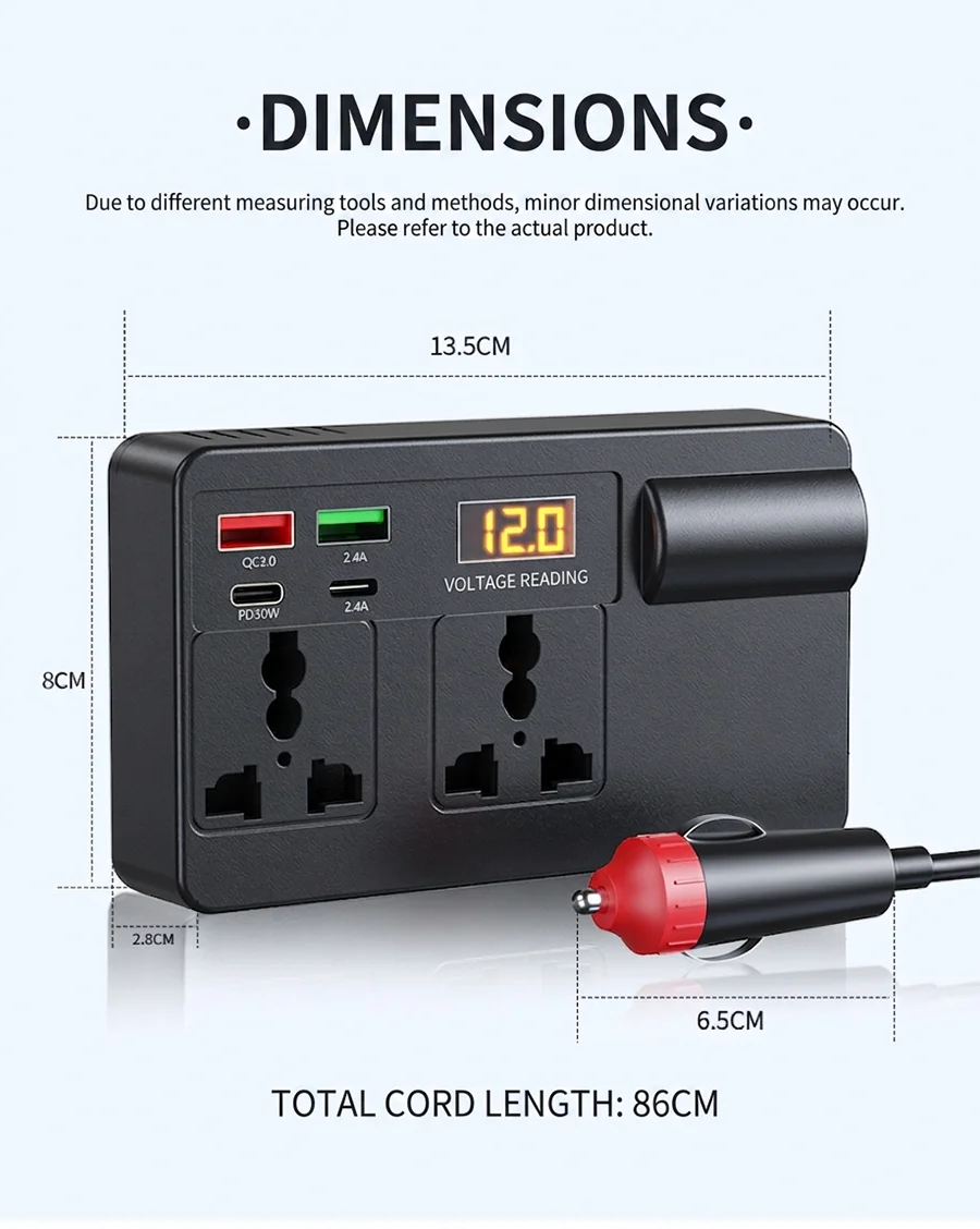Smart 200W Car Inverter 12V DC to 220V AC Power Converter with 2 Universal Outlets PD30W QC3.0 and LED Digital Display