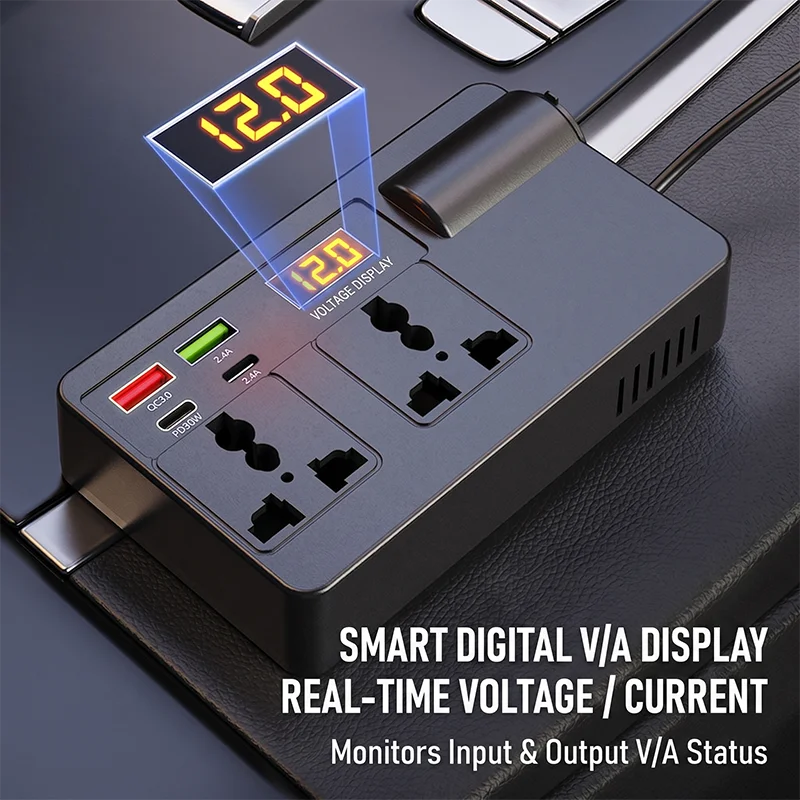 Smart 200W Car Inverter 12V DC to 220V AC Power Converter with 2 Universal Outlets PD30W QC3.0 and LED Digital Display