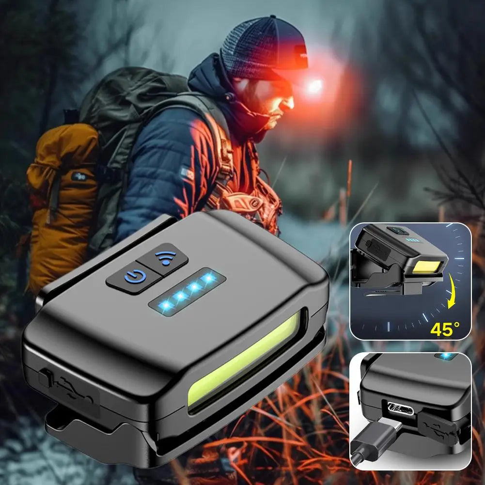 Smart Motion Sensor Hat Clip Light USB Rechargeable LED Headlamp with Red Light Waterproof Cap Lamp for Fishing Camping