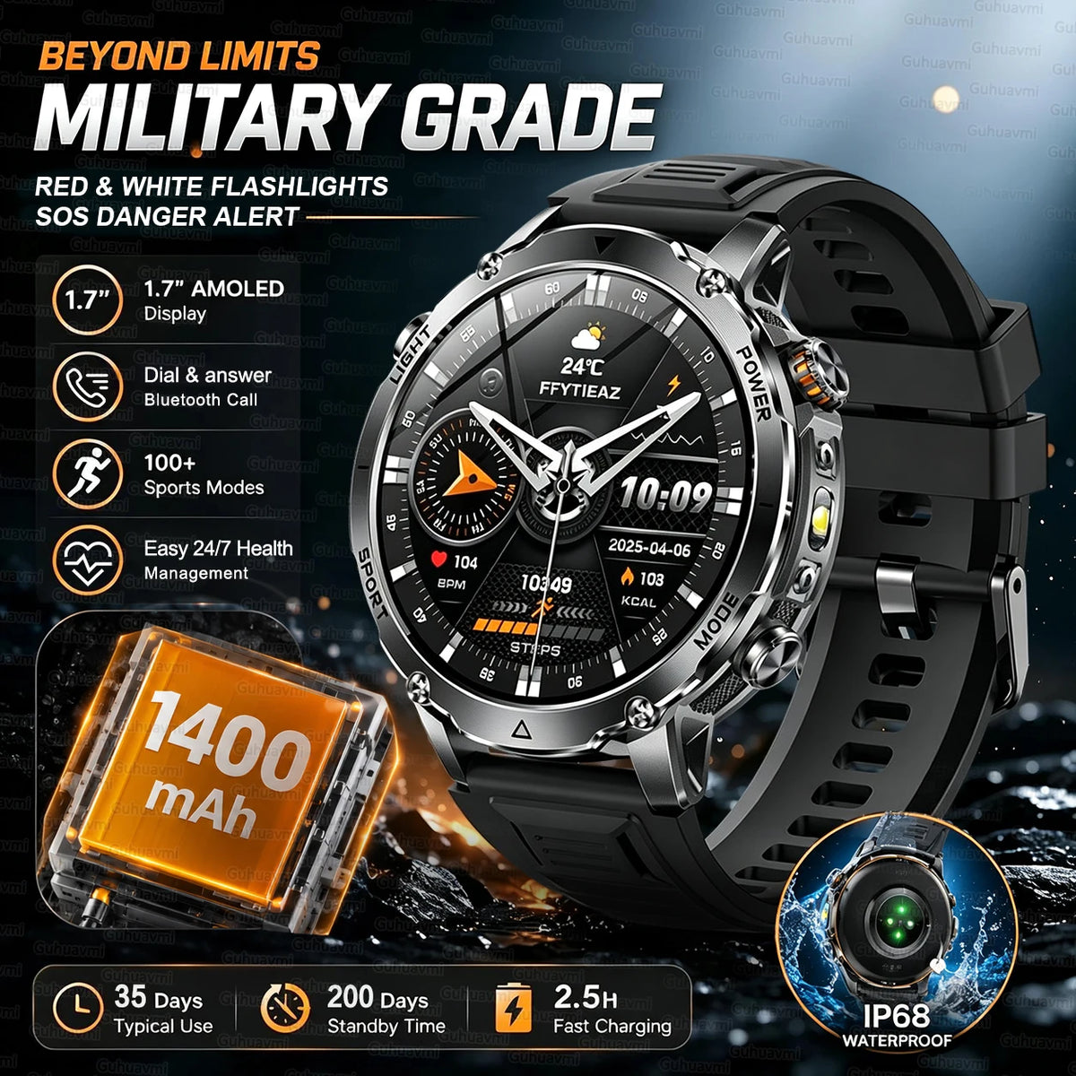 Rugged Outdoor Smartwatch – 1400mAh Battery & Flashlight