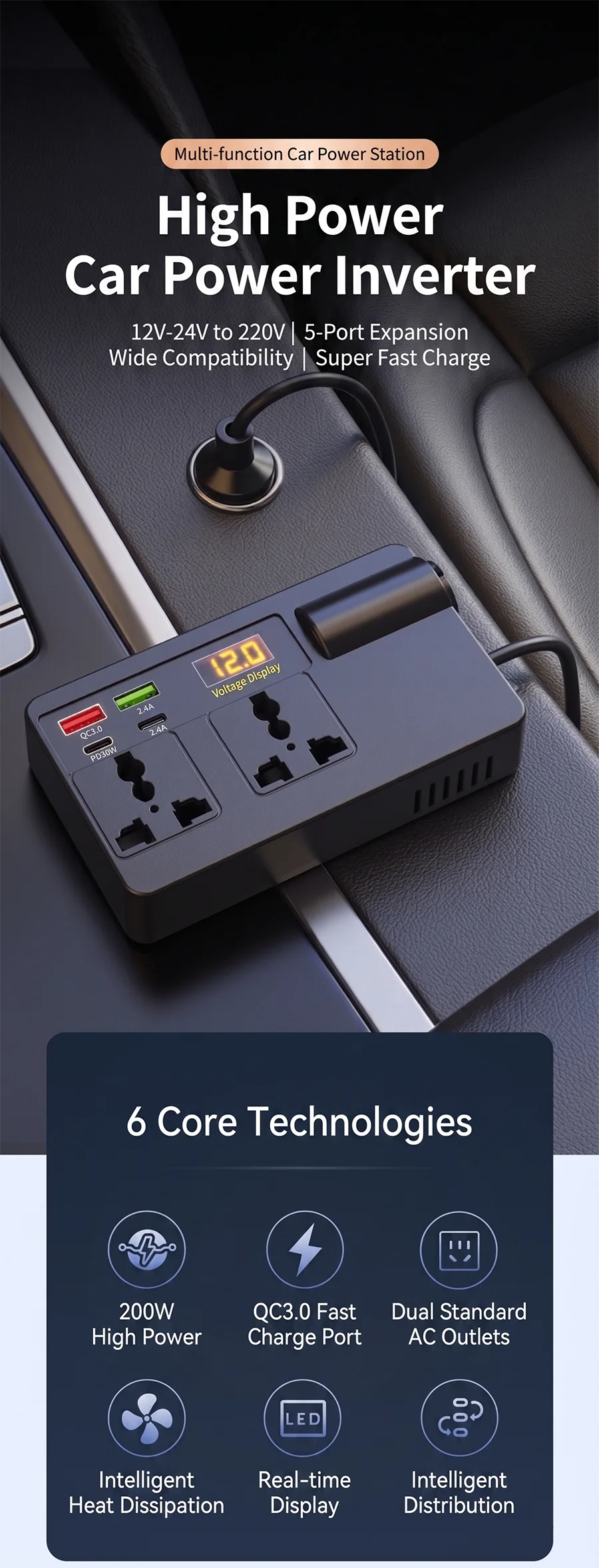 Smart 200W Car Inverter 12V DC to 220V AC Power Converter with 2 Universal Outlets PD30W QC3.0 and LED Digital Display