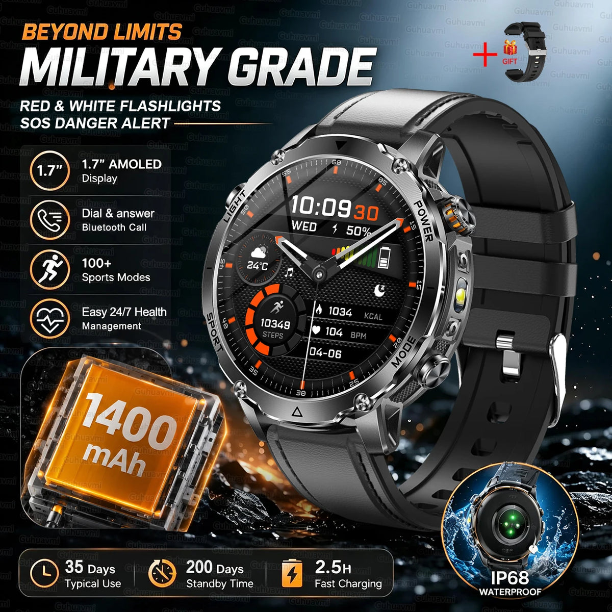 Rugged Outdoor Smartwatch – 1400mAh Battery & Flashlight