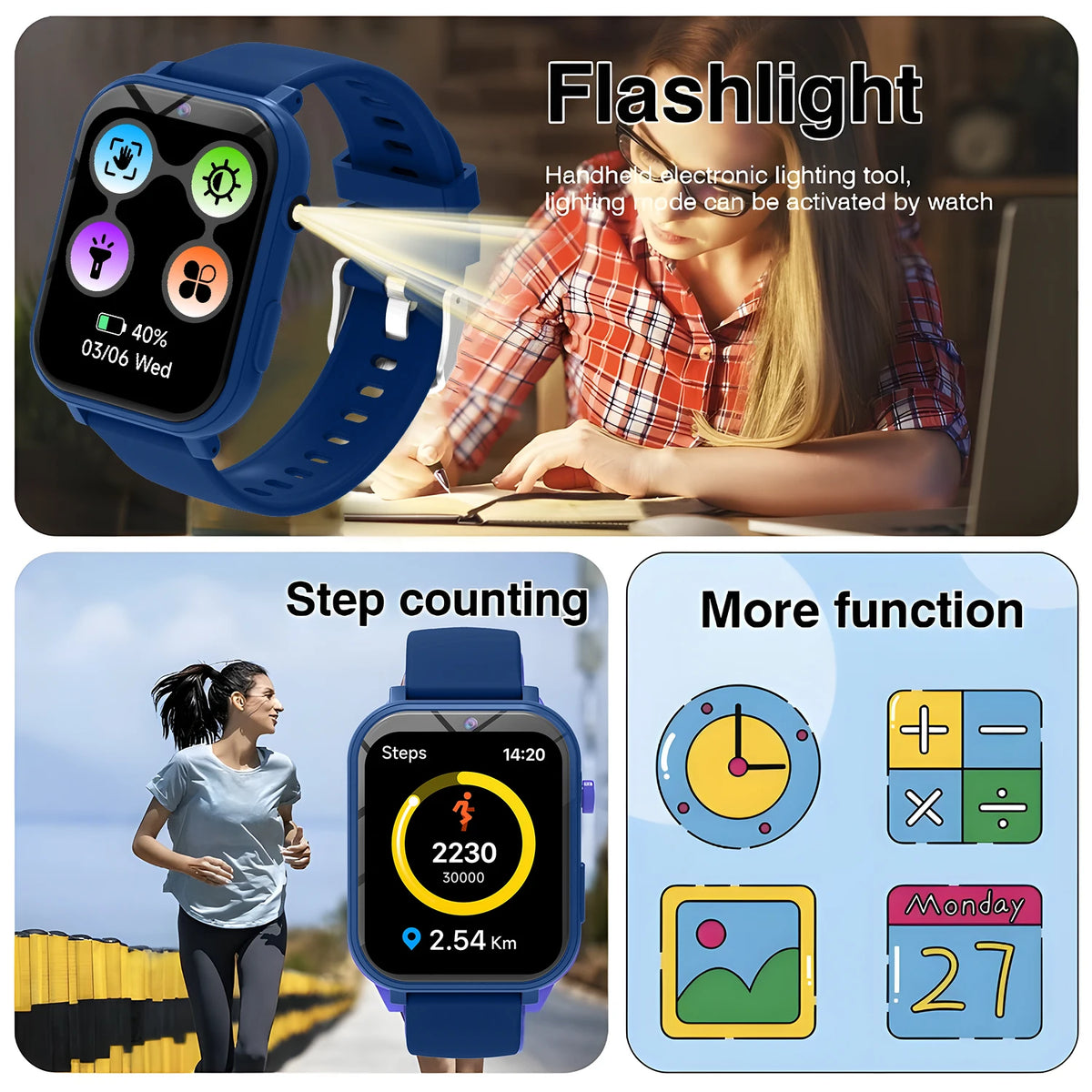Kids Smart Watch Games Camera Flashlight Sleep Monitoring High-capacity Battery Step Counter Boy Girl Children Smartwatch Gifts