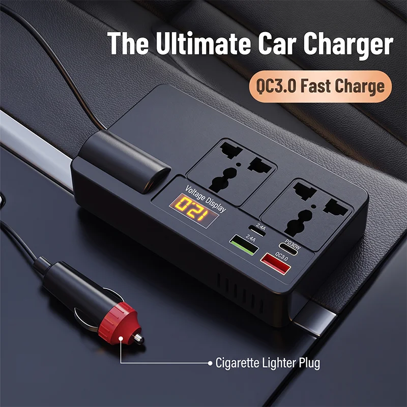 Smart 200W Car Inverter 12V DC to 220V AC Power Converter with 2 Universal Outlets PD30W QC3.0 and LED Digital Display