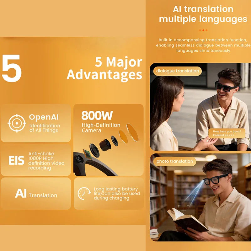 Smart Glasses 800W HD Camera AI Recognition Translation EIS Anti Shake Video Recording Bluetooth Audio Smart Eyewear Men Women