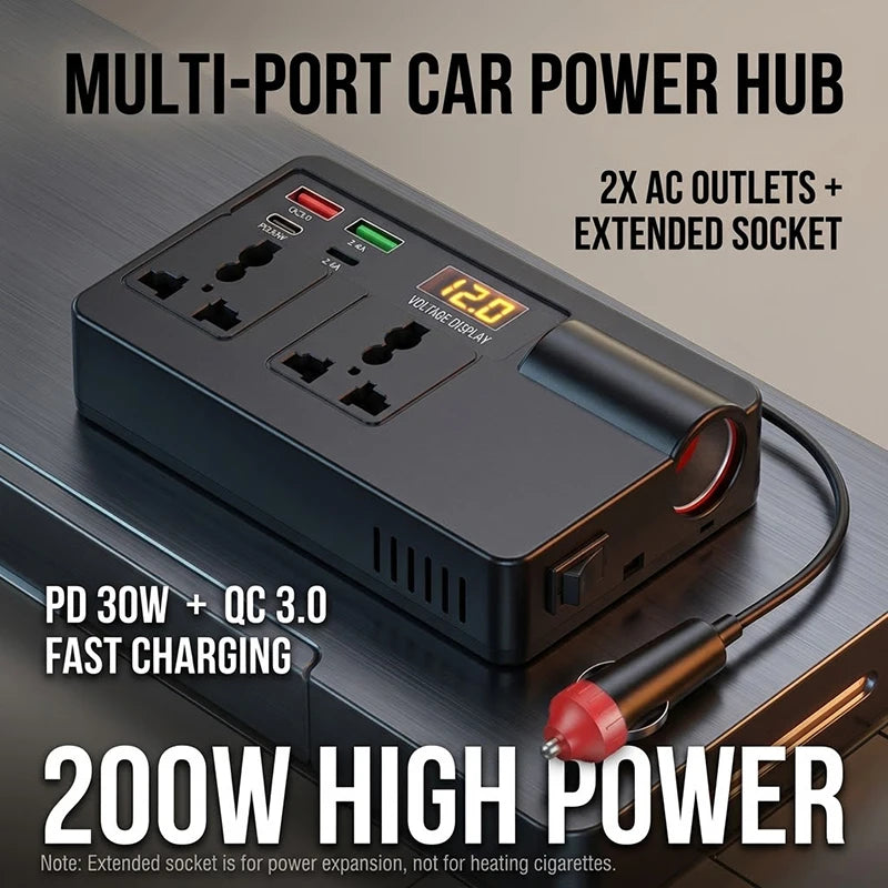 Smart 200W Car Inverter 12V DC to 220V AC Power Converter with 2 Universal Outlets PD30W QC3.0 and LED Digital Display
