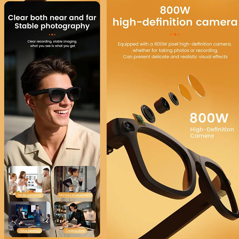 Smart Glasses 800W HD Camera AI Recognition Translation EIS Anti Shake Video Recording Bluetooth Audio Smart Eyewear Men Women