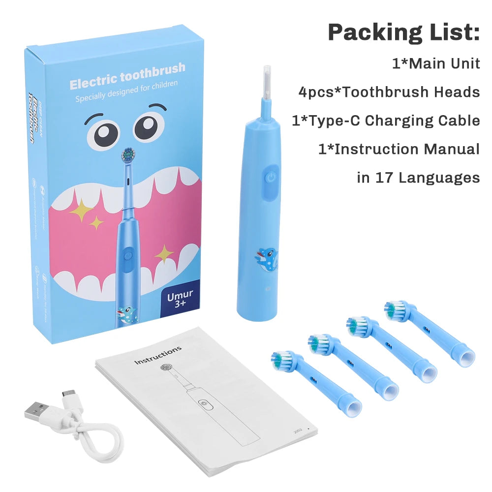 Rechargeable Smart Toothbrush for Children Cleaning Whitening & Massage 3 Modes IP67 Electric Cartoon Toothbrush 2-Min Timer
