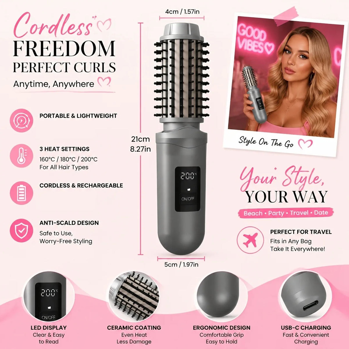 Cordless Ionic Hair Straightener Brush – USB-C