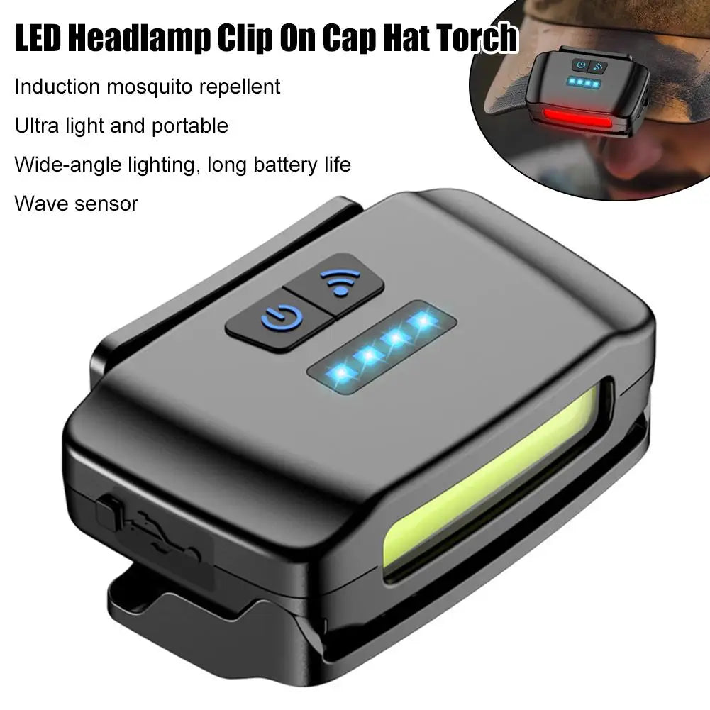 Smart Motion Sensor Hat Clip Light USB Rechargeable LED Headlamp with Red Light Waterproof Cap Lamp for Fishing Camping