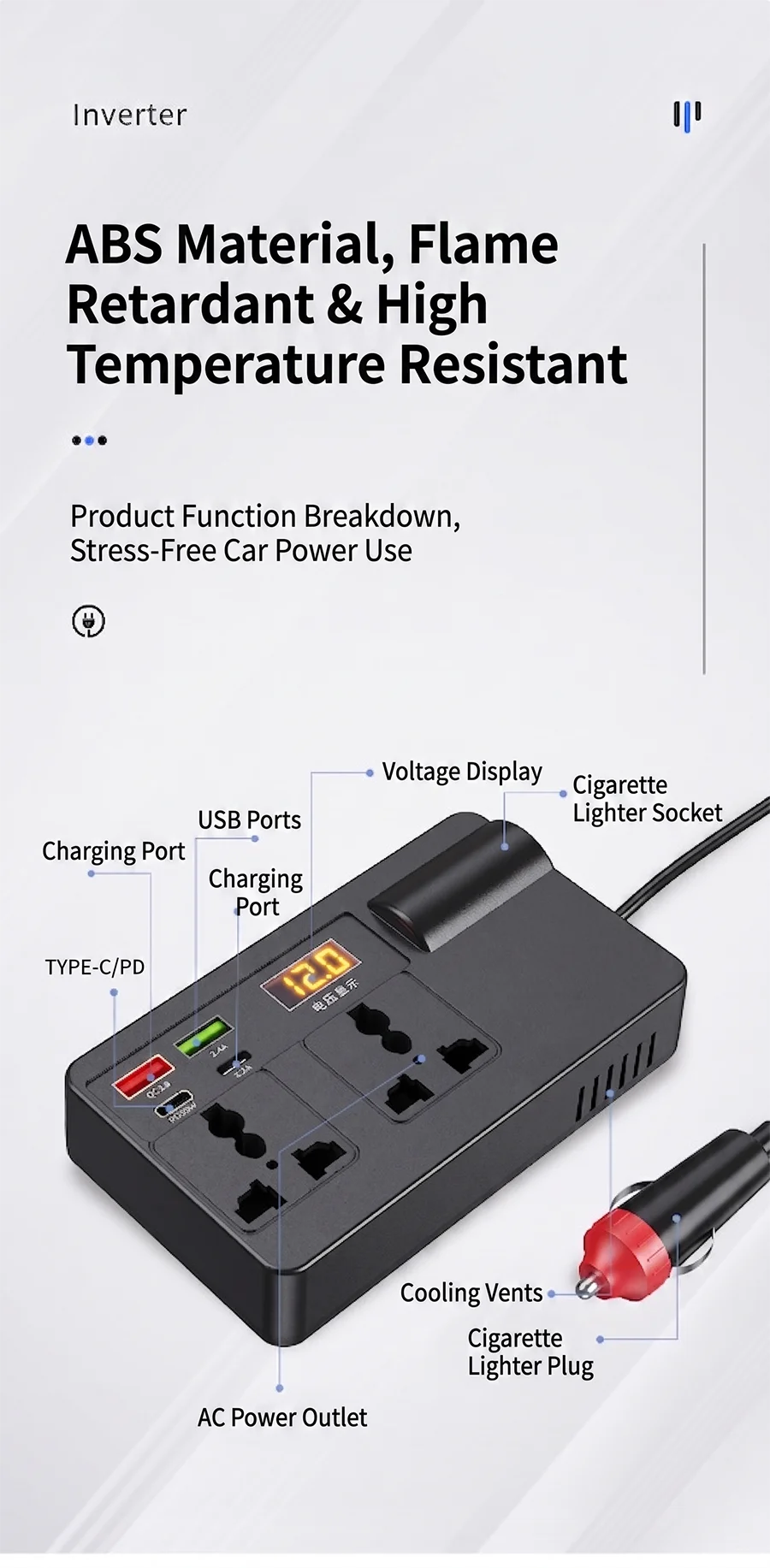Smart 200W Car Inverter 12V DC to 220V AC Power Converter with 2 Universal Outlets PD30W QC3.0 and LED Digital Display
